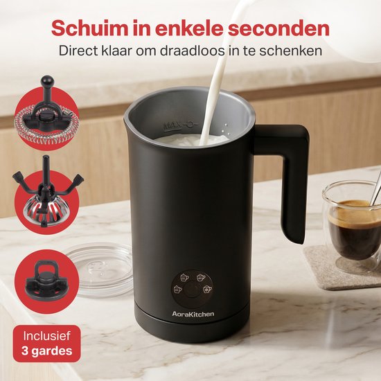 AoraKitchen Melkopschuimer - 300ML - Melkschuimer - RVS - Electrisch - 4-in-1 - Antikleeflaag - 500W