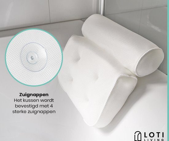Loti Living Badkussen voor in bad – Badkussen – Nekkussen bad – Hoofdsteun bad – Badkussen met zuignappen – 6 Zuignappen – Ergonomisch nekkussen – Antislip - Wit