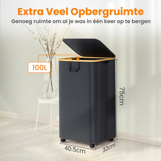 Posity Wasmand op Wielen – 100 Liter – Opvouwbaar – Wasmand Stof - Laundry Basket - Met Deksel & Handvaten - Bamboe - Incl. Waszak - Zwart