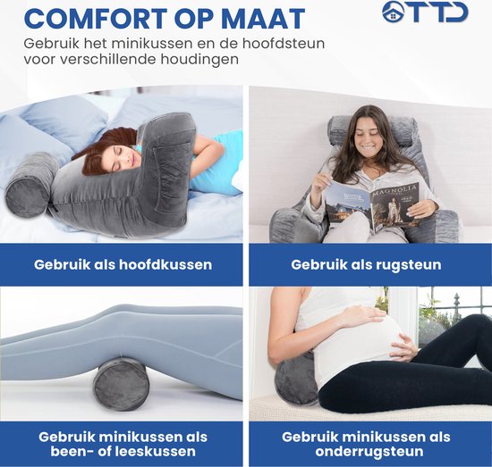 TTD® Premium XXL Leeskussen met Nekrol - Bookseat - Leeskussen voor in Bed - Ergonomisch Zitkussen met Verstelbare Vulling - Boekkussen - Inclusief Extra Minikussen - Fluweelzacht - Wasbare Hoes