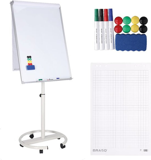 BRASQ Flipover Verrijdbaar Deluxe - 70x100 cm - Verstelbaar Whiteboard - Inclusief 25 vellen papier en accessoires - met Uitschuifbare Armen - Magnetisch bord met Haken - Magneetbord- Wit