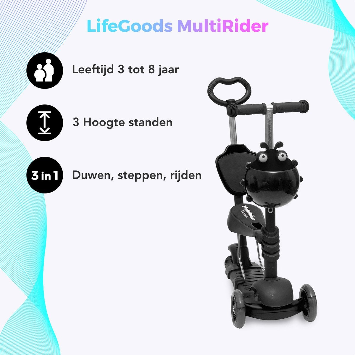 LifeGoods MultiRider - Kinderstep - Duwstang - 2 Lichtgevende Wielen - Zwart