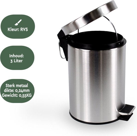 BRASQ Pedaalemmer 3 Liter - RVS - PB103 - Prullenbak met uitneembare Pedaalemmer - Prullenbak - Vuilnisbak - Vuilbak - Afvalbak - Badkamer of toilet