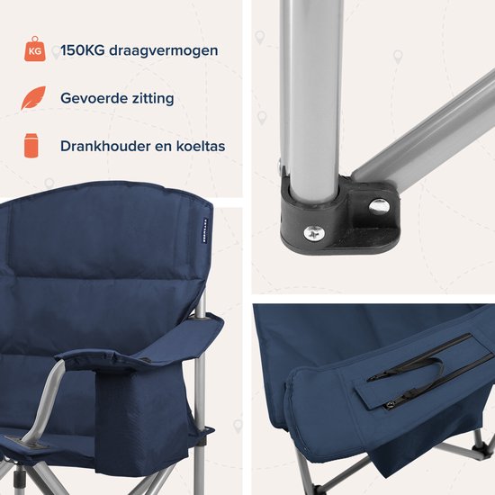 TRVLMORE Campingstoel - Opvouwbaar - XL - Comfortabele Vouwstoel - 150 kg draagvermogen - Drankhouder - Koelvak - Visstoel - Klapstoel - Blauw