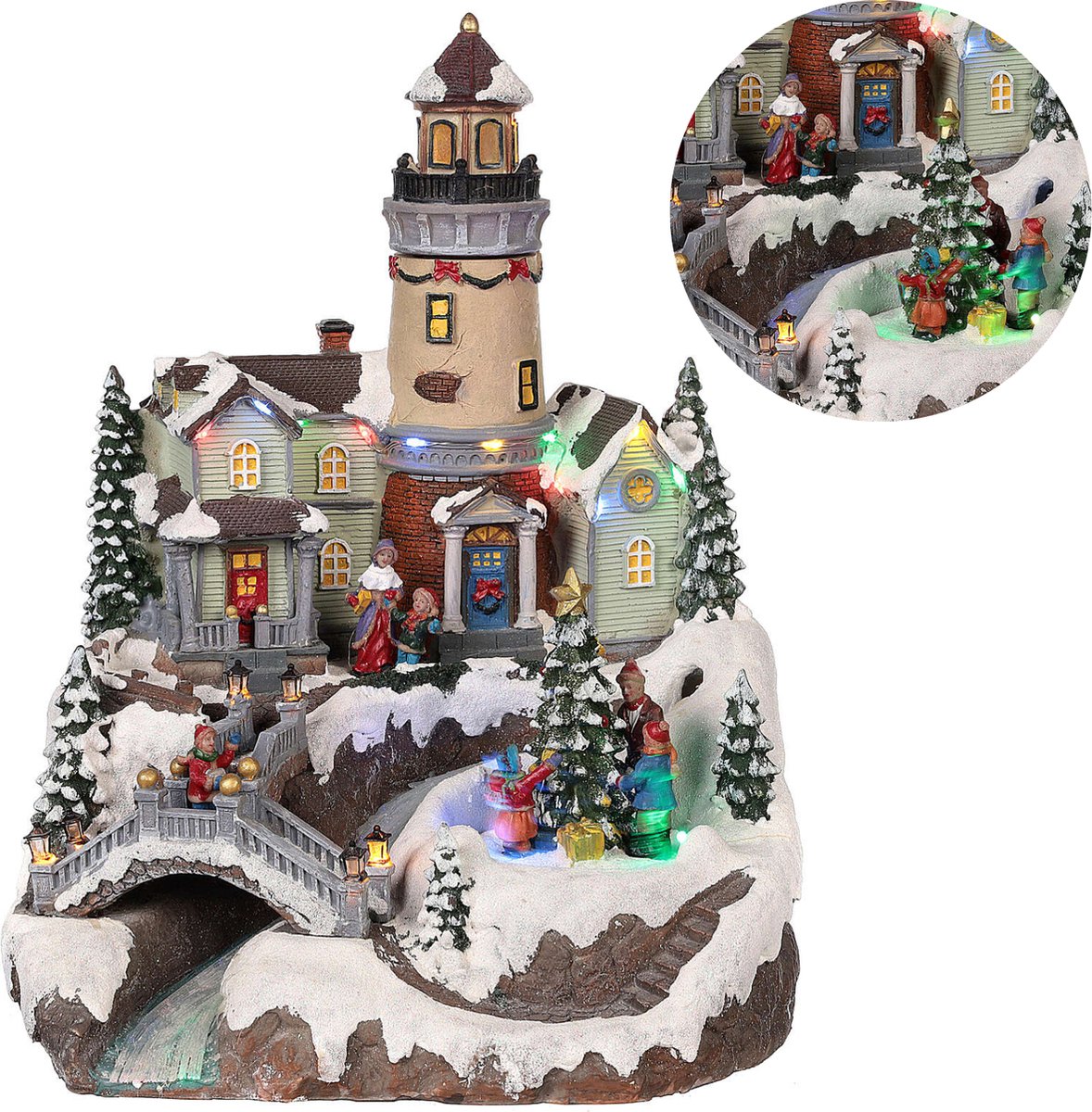 Cheqo kerstdorp met draaiende kerstboom - LED licht - 26x28x35 cm