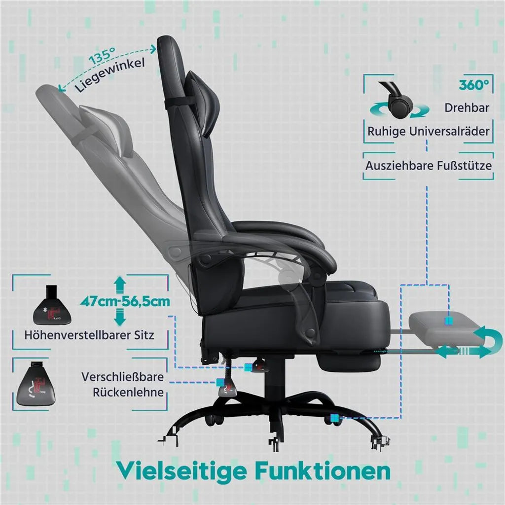 Yaheetech Gamingstoel 72 × 72 × 124,5–134 cm – Zwart – Ergonomische Gamestoel met Massagefunctie, Voetensteun en Verstelbare Hoogte
