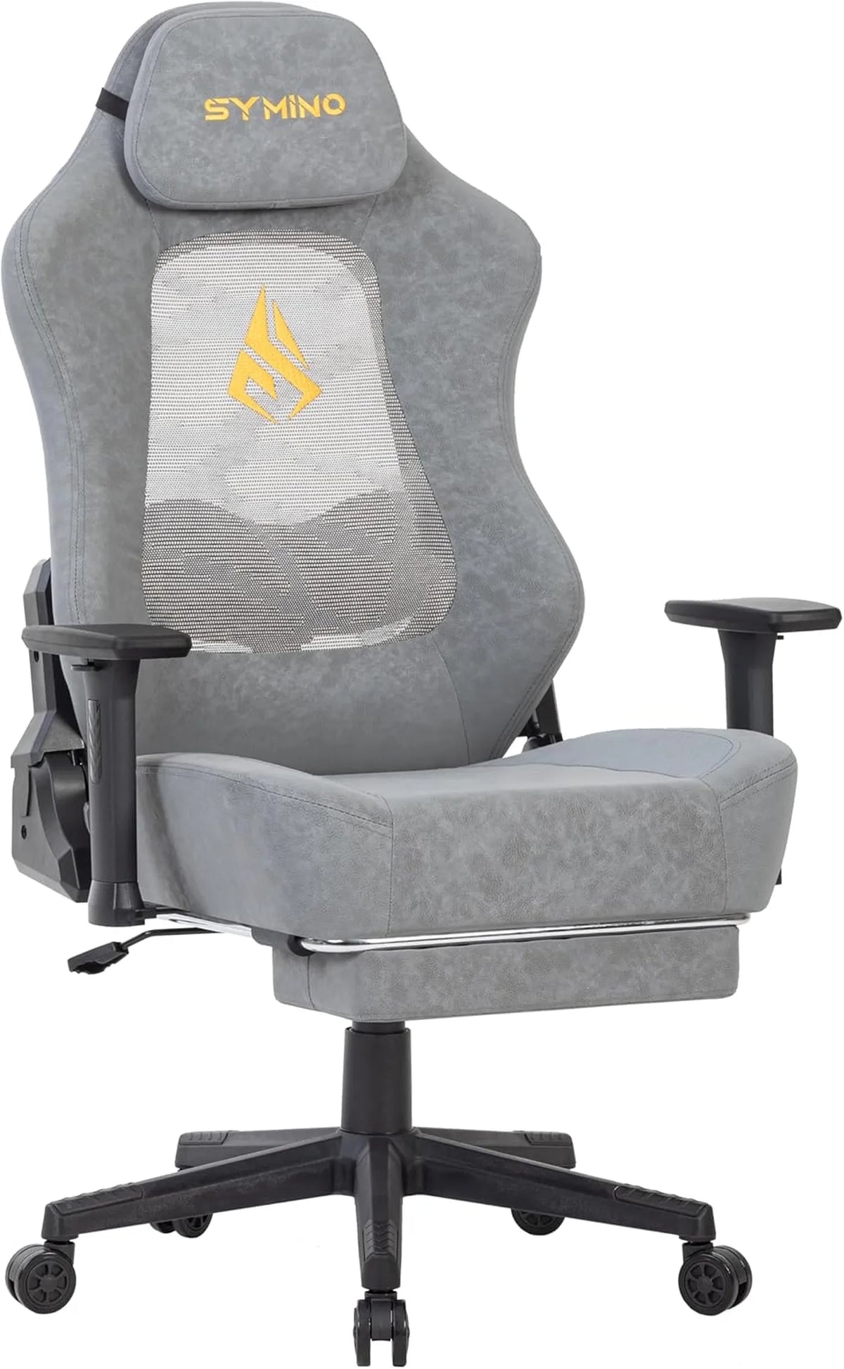 SYMINO Ergonomische Gamingstoel met Ademende Rugleuning – Vintage PU-Leer – Grijs – Metaal en Schuum
