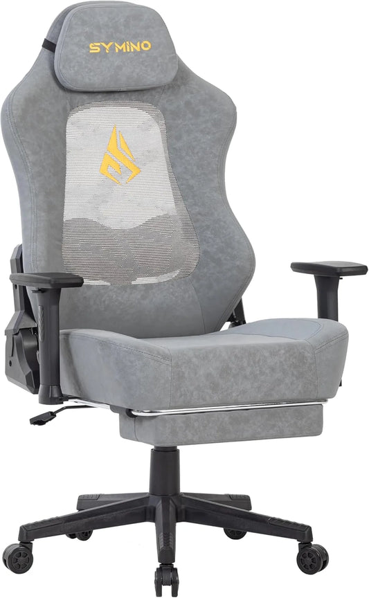 SYMINO Ergonomische Gamingstoel met Ademende Rugleuning – Vintage PU-Leer – Grijs – Metaal en Schuum