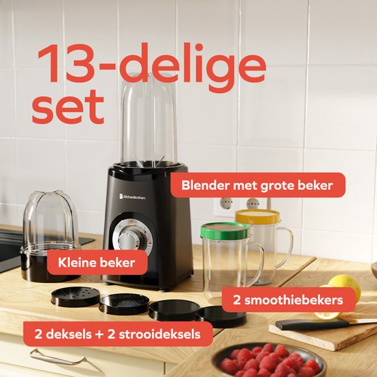 KitchenBrothers Smoothie Blender - 2-in-1 - Blender to Go - 4 Bekers - Smoothie Maker To Go - Mini Blender - Zwart