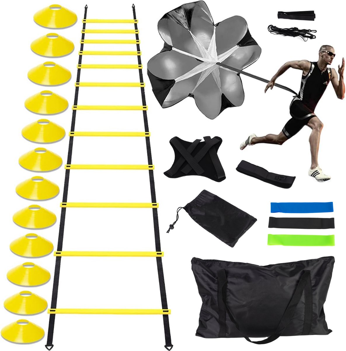 Volcan Voetbal Trainingsmateriaal Set - Training Spullen - Trainingshoedjes - Pionnen - Speedladder - Kegels - Weerstandsbanden - Weerstandsparachute - Baltrainer - Incl. draagtas