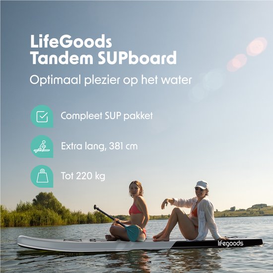 LifeGoods SUP Board Tandem - 2 Personen - 220 KG Draagkracht - 381 x 86 cm - Opblaasbaar - Compleet Sup pakket - Wit/Zwart