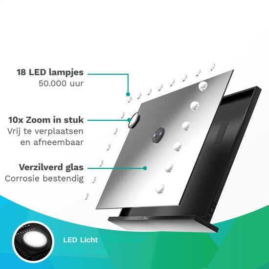 Mirlux Hollywood Spiegel 80x60CM - 2 Bluetooth Speakers - USB & USB-C Oplaadpoorten - LED Verlichting - Make Up Spiegels - 10x Zoom - Ophangbaar - Zwart