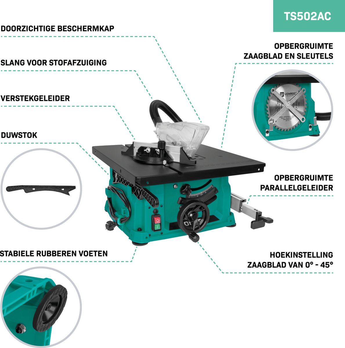 VONROC Zaagtafel – compact model – 1500W - 5000rpm - Ø210mm – Incl. 40T zaagblad