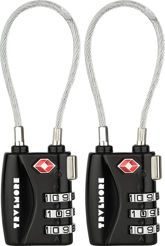 TRVLMORE Kofferslot - TSA Reisslot - 3 Cijferig Hangslot - 14 cm Kabel - 2 Stuks - Cijferslot - Zwart