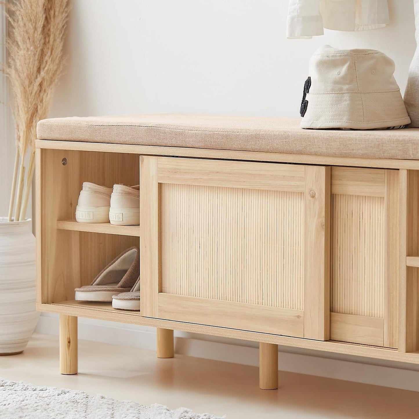 SoBuy Schoenenkast met zitkussen - 2 Schuifdeuren - Landelijk - 1212 x 35 x 49 cm - Bruin