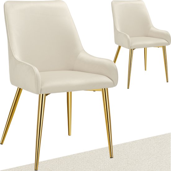 tectake® Eetkamerstoel Avane - Fluweeloptiek - Ergonomische gestoffeerde stoel met gouden stalen poten - Draagkracht 120 kg - Moderne eetkamer- en keukenstoel - Set van 2 - Beige