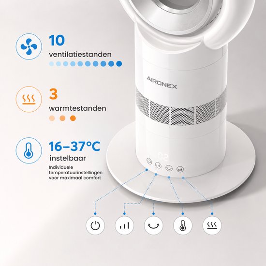 Aironex Swing Bladloze Ventilator met Verwarming – Ventilatorkachel – 2-in-1 Koelen & Verwarmen – 10 Standen – 71° Oscillatie – Afstandsbediening – Wit