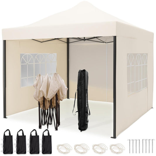LifeGoods Partytent - Paviljoen - EasyUp - Opvouwbaar - Waterdicht - Met Draagtas met wieltjes - 300 x 300 cm - Beige