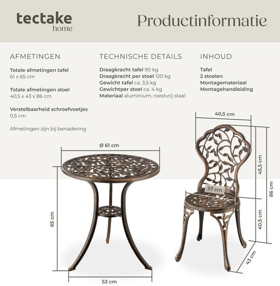 tectake® 2-Persoons Bistroset - Vintage Bistrotafel met 2 Bistrostoeltjes - Aluminium Bistro Set voor Tuin, Terras of Balkon - Weerbestendig - Bronskleurig