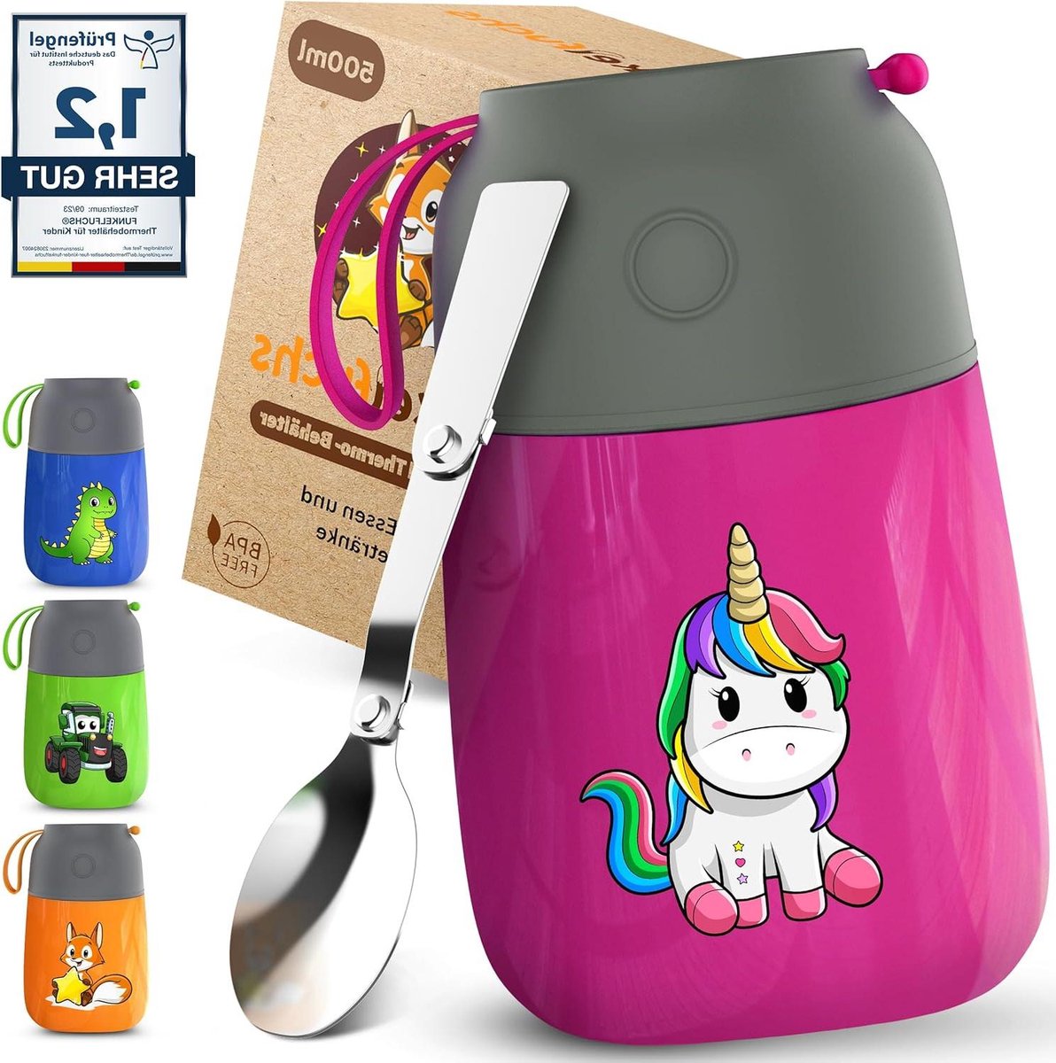 FUNKELFUCHS® Thermobeker voor kindervoeding - 500ml, roze eenhoorn - 100% lekvrij - Roestvrijstalen voedselwarmer - Thermo beker eten - Thermo lunchbox kinderen - Baby voedselwarmer