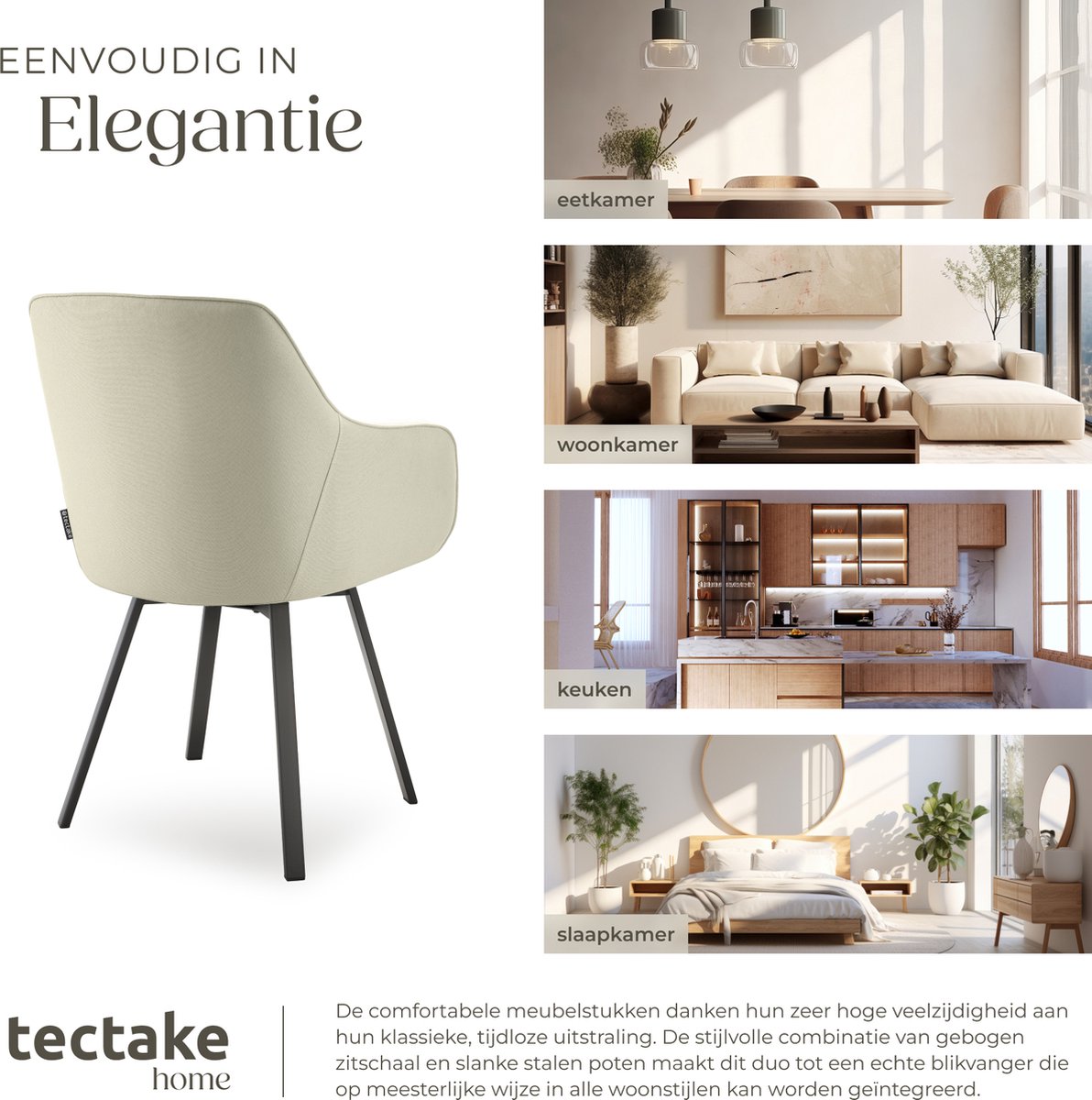 tectake® - Draaibare Eetkamerstoel Alicon - 57x59x88 cm – Set van 2 – Beige – Stijlvol en Comfortabel - Woonkamer Of Kantoor