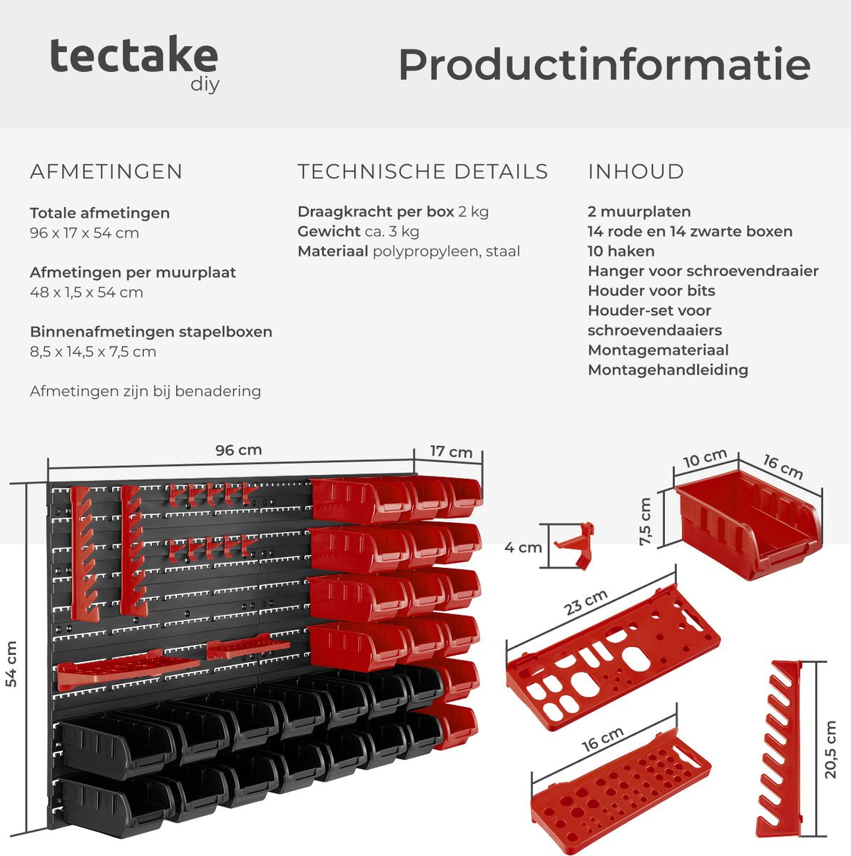 tectake werkplaats gereedschapswand - 96x17x54 cm - Zwart/Rood - 28 Opbergbakken & Wandhouders