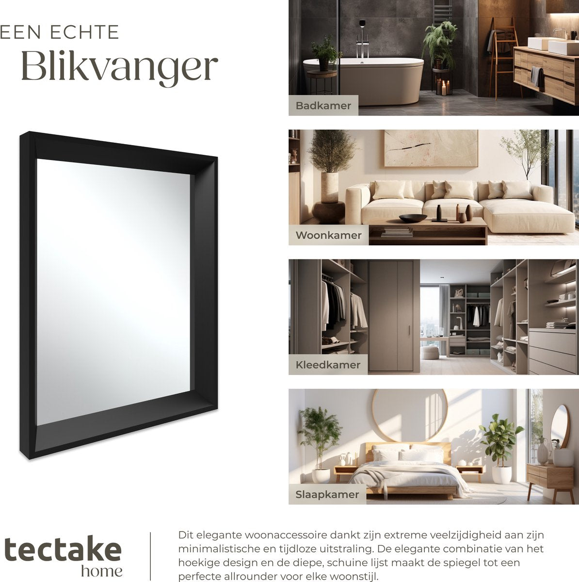 tectake® Wandspiegel Elina - 40,6 x 50,8 cm - Zwart - Rechthoekig Kunststoflijst