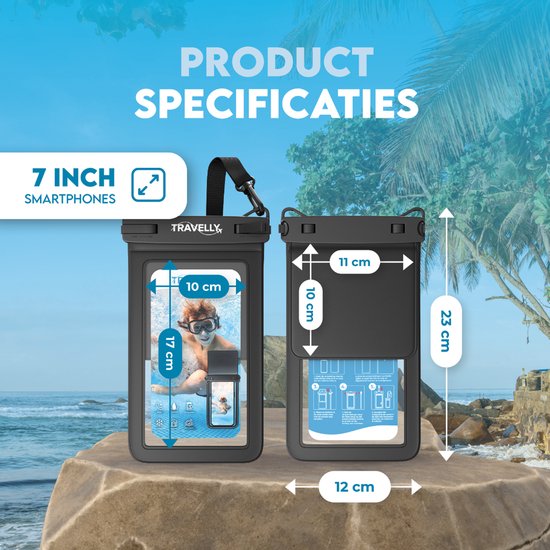 Travelly® Waterdicht Telefoonhoesje Met Extra Opberg Vakje – Universeel Onderwater Hoesje voor Smartphone – Geschikt voor alle telefoons – Drybag – Voor Vakantie, Zwemmen & Watersport – Zwart
