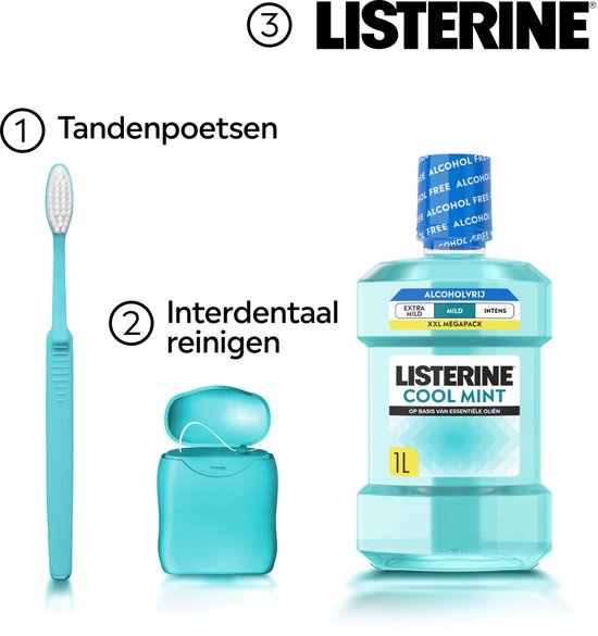 Listerine Cool Mint Mild Mondspoeling, Met Essentiële Oliën, Tegen Slechte Adem en Tandplak, Mild Muntsmaak, 1 L
