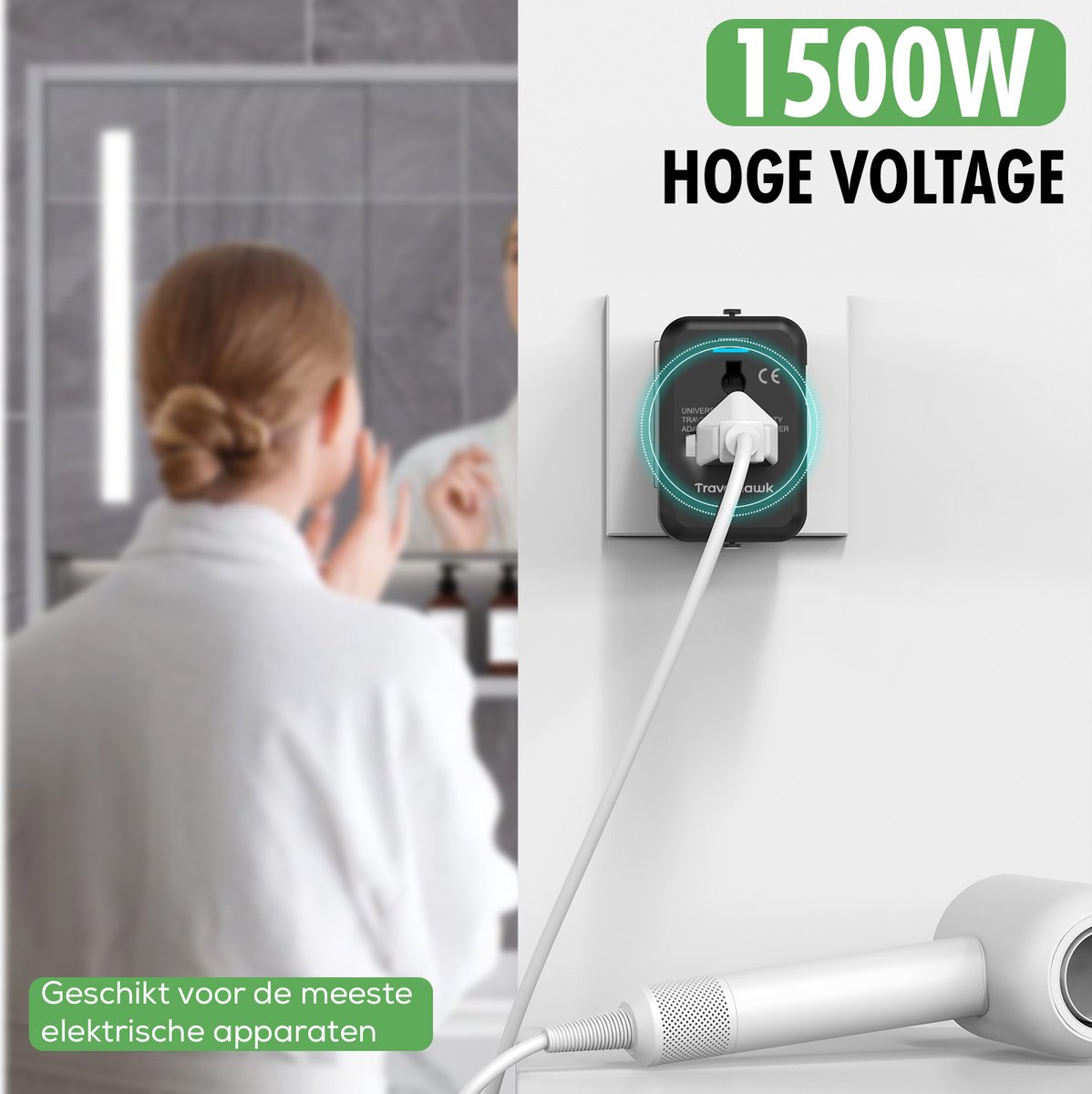 TravelHawk Universele Wereldstekker Zwart - USB-C & USB Poort - Voor 150+ Landen - Compact 7,5 x 5 x 3,5 cm