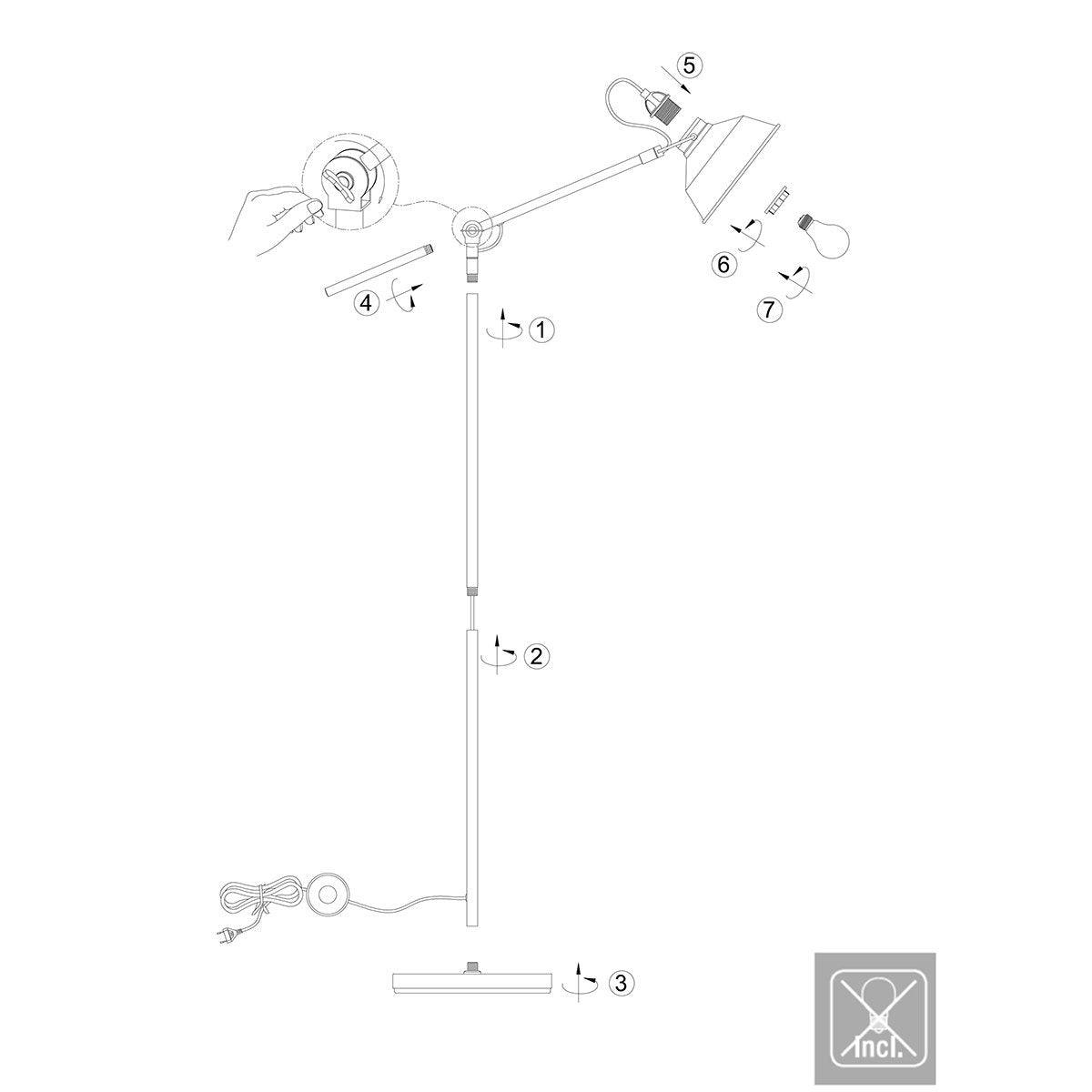 Zwarte Vloerlamp Nove 1322ZW - Draaibare & Kantelbare Industriële Lamp met Goudkleurige Details, E27 Fitting, Metaal & Kunststof - Mexlite