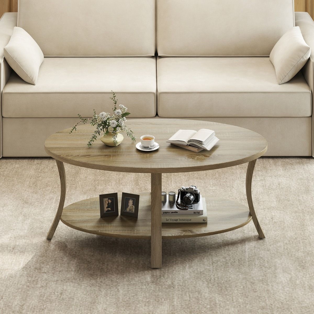 Coast Ovale Salontafel - 2-laags met opbergruimte - rubberhout en eikenlook - grijs - 111 x 60,5 x 47 cm