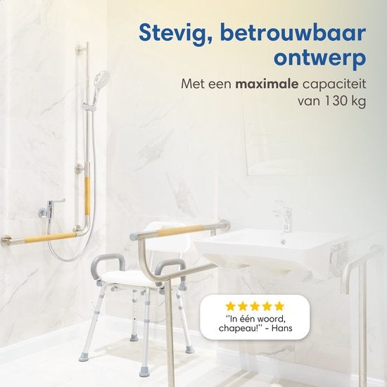 SafeLife – Douchestoel Met Rugleuning – In 6 Hoogtes Verstelbaar & Anti-slip Poten – Voorzien Van Gevoerd Zitvlak En Afneembare Armleuningen – Voor Ouderen En Revalidatie – Wit Aluminium