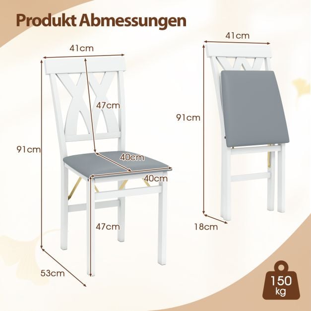 Coast Set van 2 Inklapbare Eetkamerstoelen Armloze Stoelen met Lattenrugleuning en Gestoffeerd Kussen - Rubberhout - 41 x 53 x 91 cm - Wit