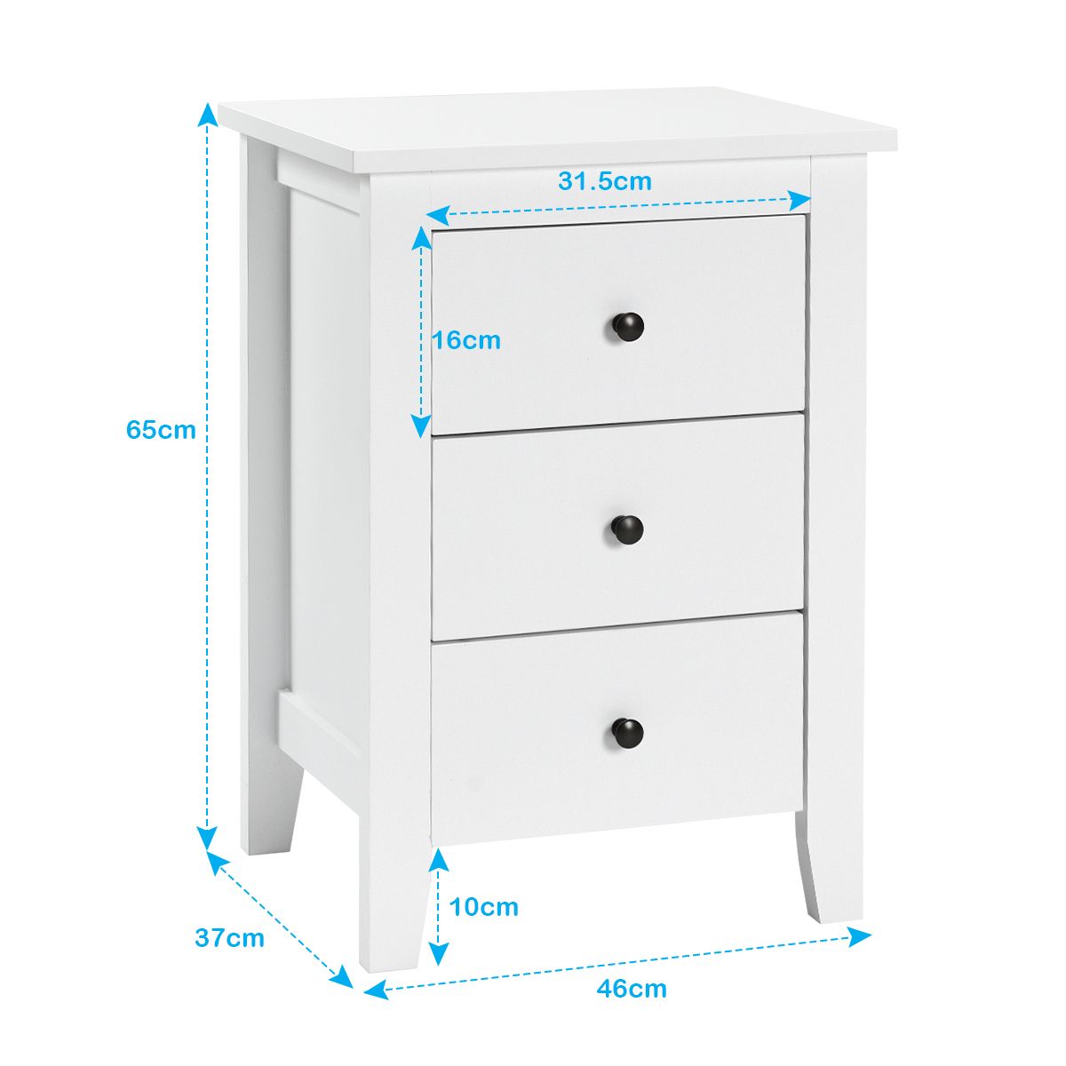 Coast Nachtkastje met 3 Laden Modern – Wit – 46 x 37 x 65 cm – Stijlvol & Ruime Opbergruimte