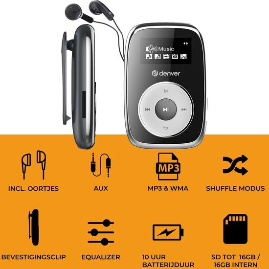 Denver MP3 Speler Incl. Oordopjes - 32GB - Shuffle modus - Kinderen & Volwassenen - Bevestigingsclip - AUX - MicroSD - MPS316 - Zwart