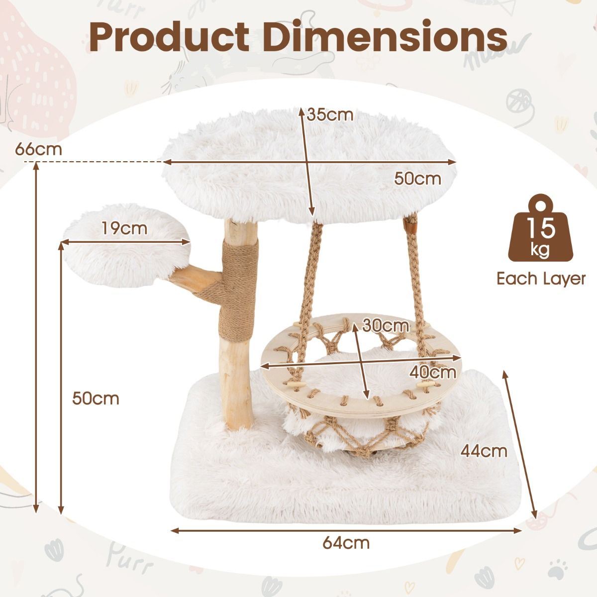 Coast Krabpaal voor Katten - Massief hout met hangwieg en sisal - Natuur en wit - 64 x 44 x 66 cm