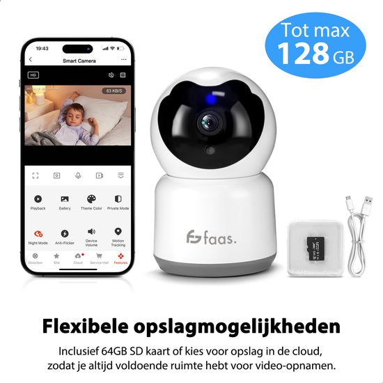 Beveiligingscamera Binnen - met Nachtzicht - Wifi en 64GB SD - Camerabewaking - Full HD - Tuya Smart - Wit - van Saaf