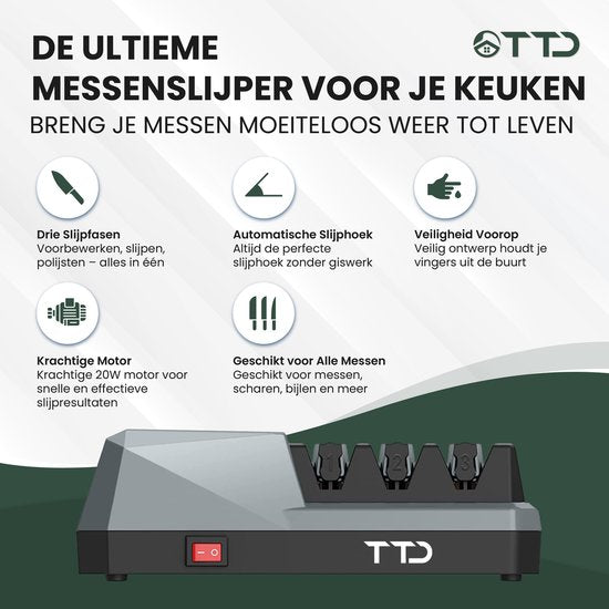 TTD® Premium Messenslijper Elektrisch - 3 Standen - Voorbewerken, Slijpen en Polijsten - Antislip - Doortrekslijper - Knife Sharpener - Aanzetstaal voor Messen