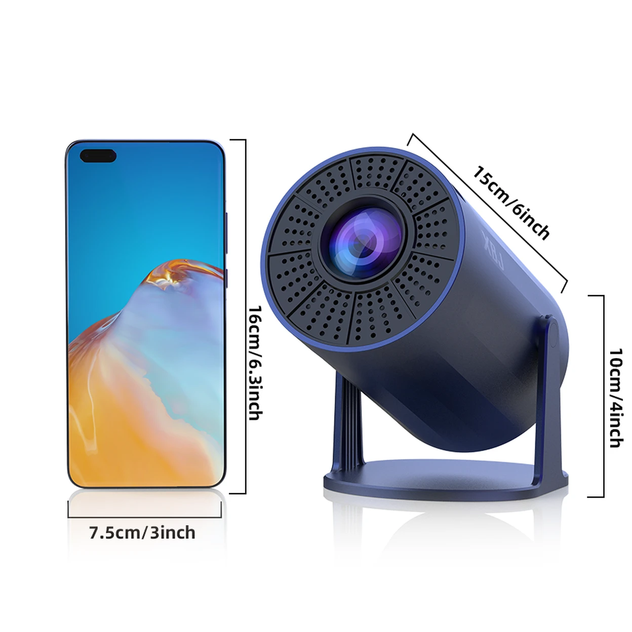 XBJ Draagbare Mini Beamer - Blauw - Android 11 - WiFi 6 & Bluetooth 5.2 - 200 ANSI - 180° Draaibaar - Beeld 40 tot 200 Inch - 14 x 11,9 x 21,8 cm