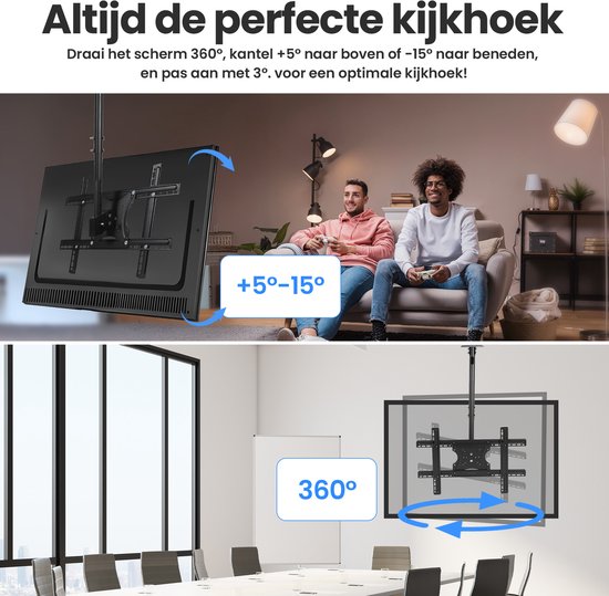 TV Beugel - voor Plafond of Schuin Dak - 32" t/m 65" - Draaibaar & Kantelbaar - Max 30KG - Zwart - van Faas