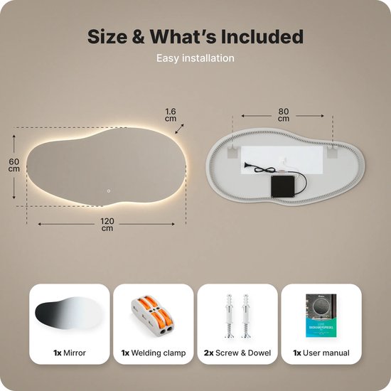 Mirlux Badkamerspiegel met LED Verlichting – Wandspiegel Asymmetrisch – Anti Condens Douchespiegel - 120 x 60 cm