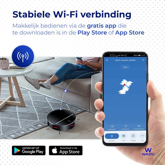 Wadu Robotstofzuiger – Met dweilfunctie, 2500Pa zuigkracht & 600 ml stofbak – 120 min batterijduur – Ø32 x 7,8 cm – Zwart