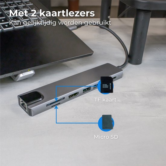 Nuvance - USB C Hub 3.0 – 8 Poorten - USB Splitter met Ethernet - USB C naar HDMI - USB Hub 3.0 - Docking Station Laptop - Micro SD Card Reader - HDMI 4K - Grijs