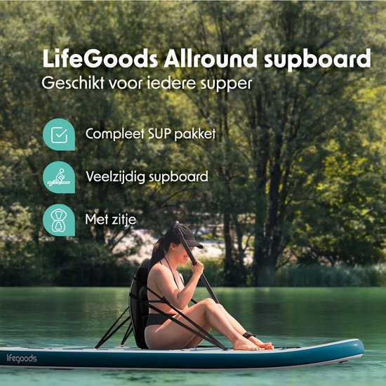 LifeGoods PaddlePro SUP Board - met Zitje - Opblaasbaar Paddle Board - Complete Set - Max. 135KG - 320x81cm - Wit/Deep Aqua