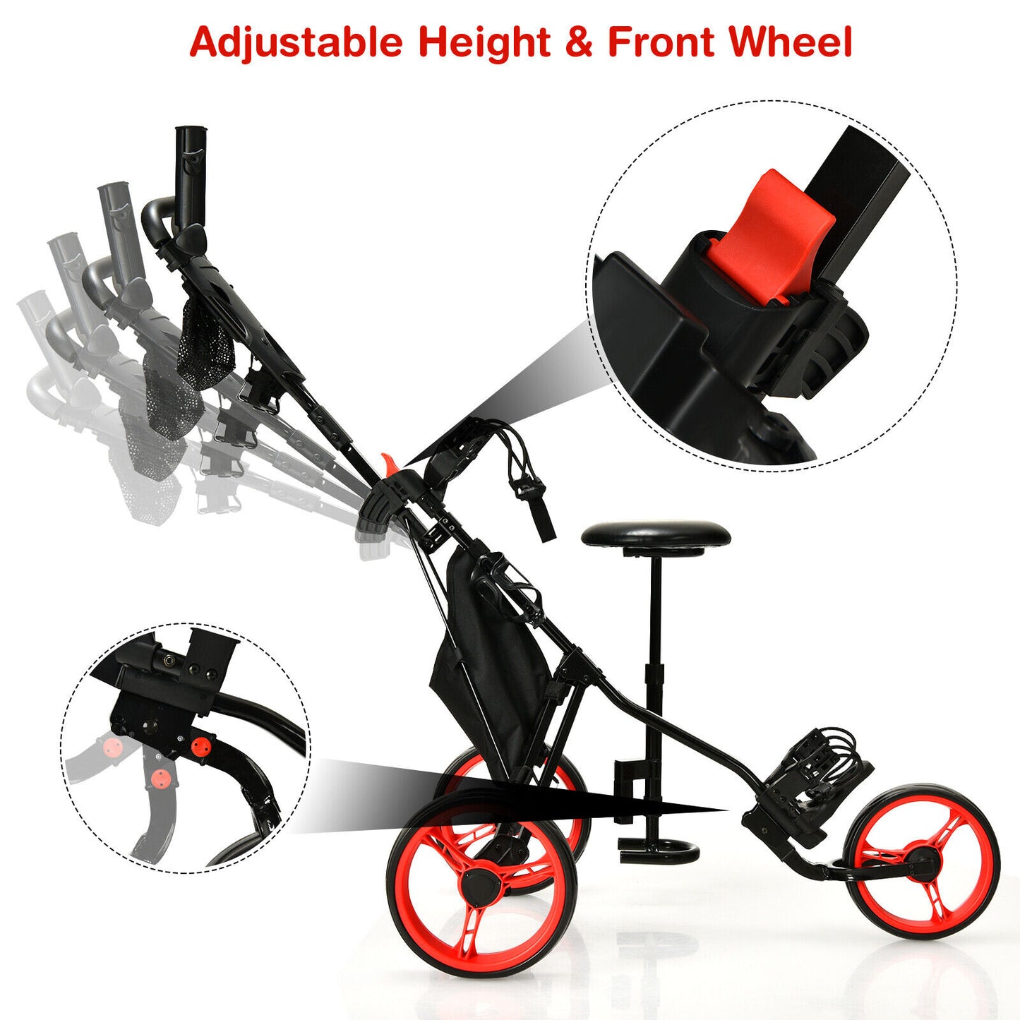 Coast 3-Wheel Golf Kart Verstelbaar licht Golf Kart 129,5 x 75 x 101,5-119,5 cm rood + zwart
