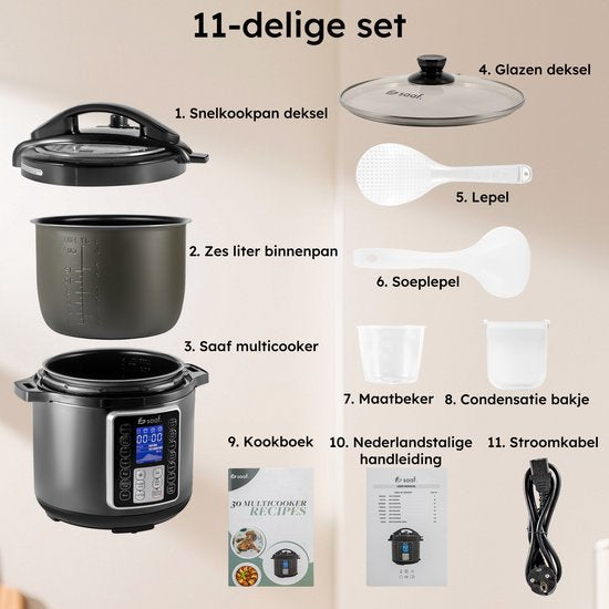 Multicooker - 11-Delige Set - 6L - 12 Automatische Programma's - Slowcooker, Rijstkoker, Stomer, Snelkookpan - Grijs - van Saaf