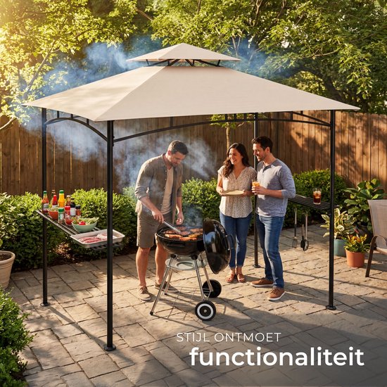 tectake® Barbecue Paviljoen - BBQ Overkapping - 240 x 150 x 250 cm - Tuinpaviljoen - Weerbestendig - UV-Bescherming - Dubbel Daksysteem - Gazebo met Ophanghaken, Roosterplanken en Flesopener - Grillpaviljoen - Zandkleur