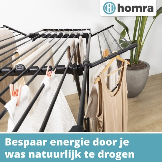 Homra Wasrek Inklapbaar - Tot 22m Was - Staand Droogrek Inklapbaar - Ruimtebesparend Wasrek - Droogrekken - Ecologisch Was Drogen - 182x97x103 CM - Metaal Zwart - Geschikt voor Grote Gezinnen