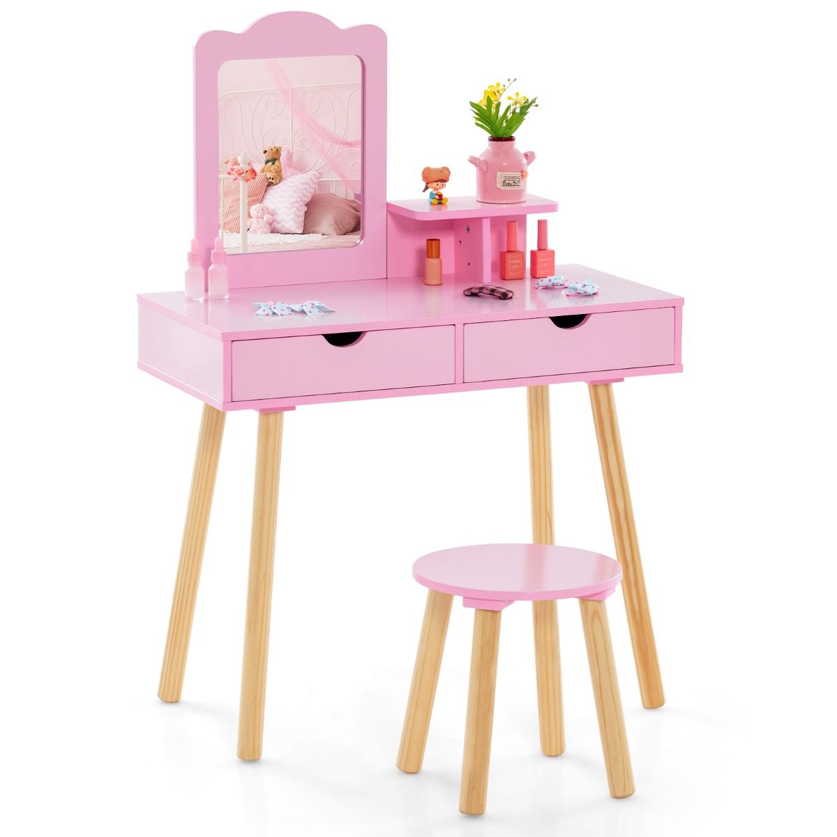 Coast Kaptafel voor kinderen - 2-in-1 met afneembare spiegel - twee lades en houten krukje - roze
